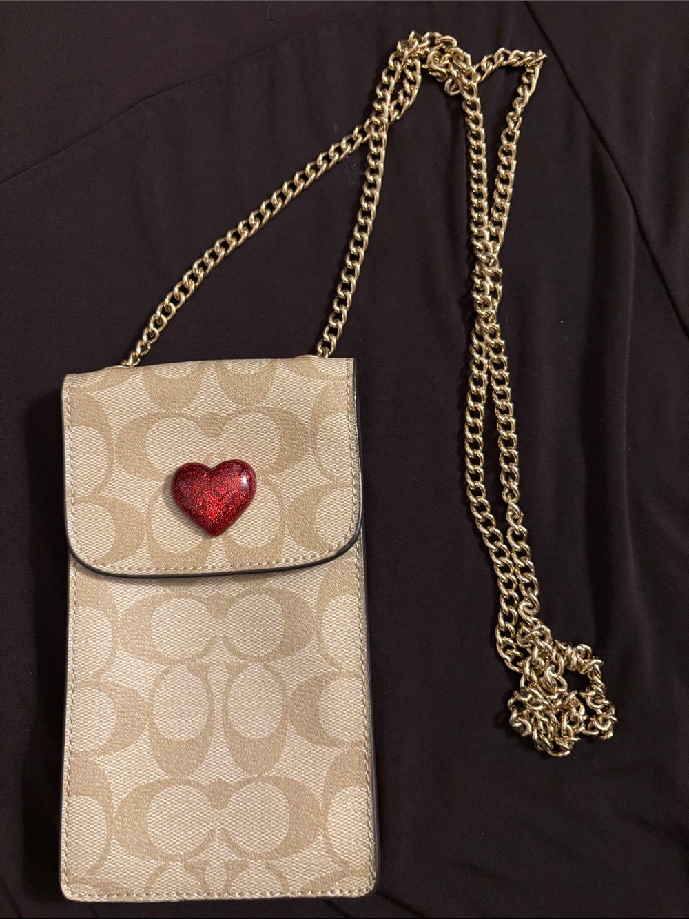 Coach Beige Crossbody Phone Pouch and holder cards with Red Heart and Gold Chain